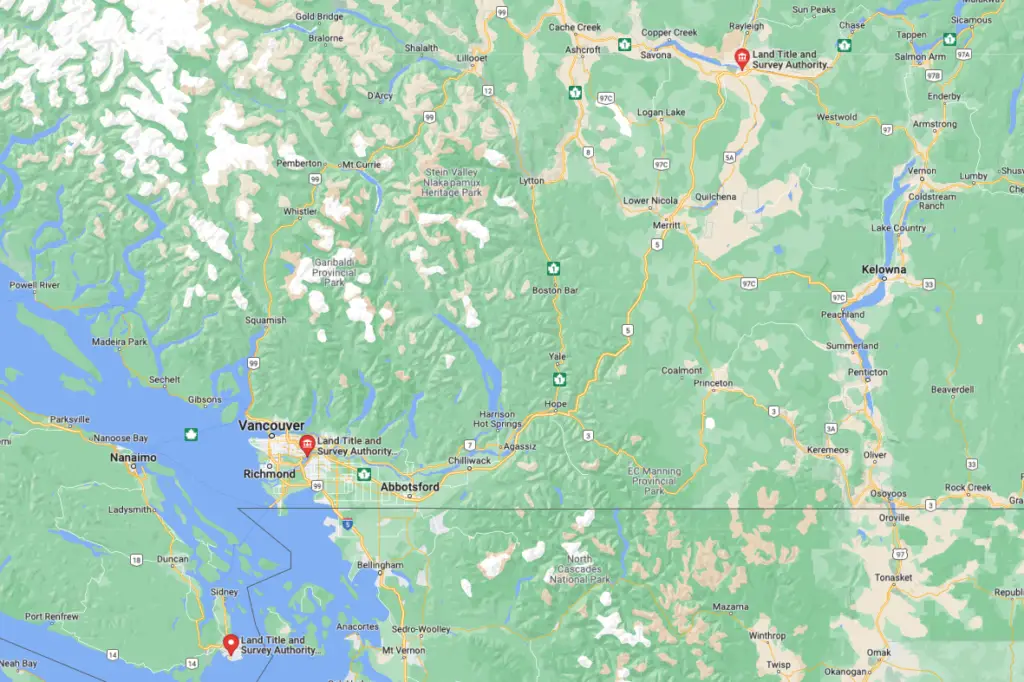 A google map with pins representing the location of all land and title survey offices in BC