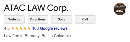 4.8 star rating with over 100 reviews on Google showcasing why ATAC Law is the highest rated construction law firm in the Vancouver area on Google