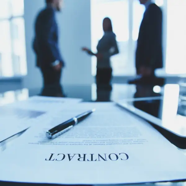 a construction contract on a desk as construction lawyers discuss with their client